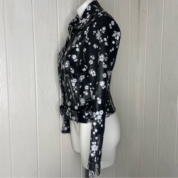 Michael Michael Kors Moto Jacket M Black White Flowers Floral Faux Leather - Picture 2 of 10